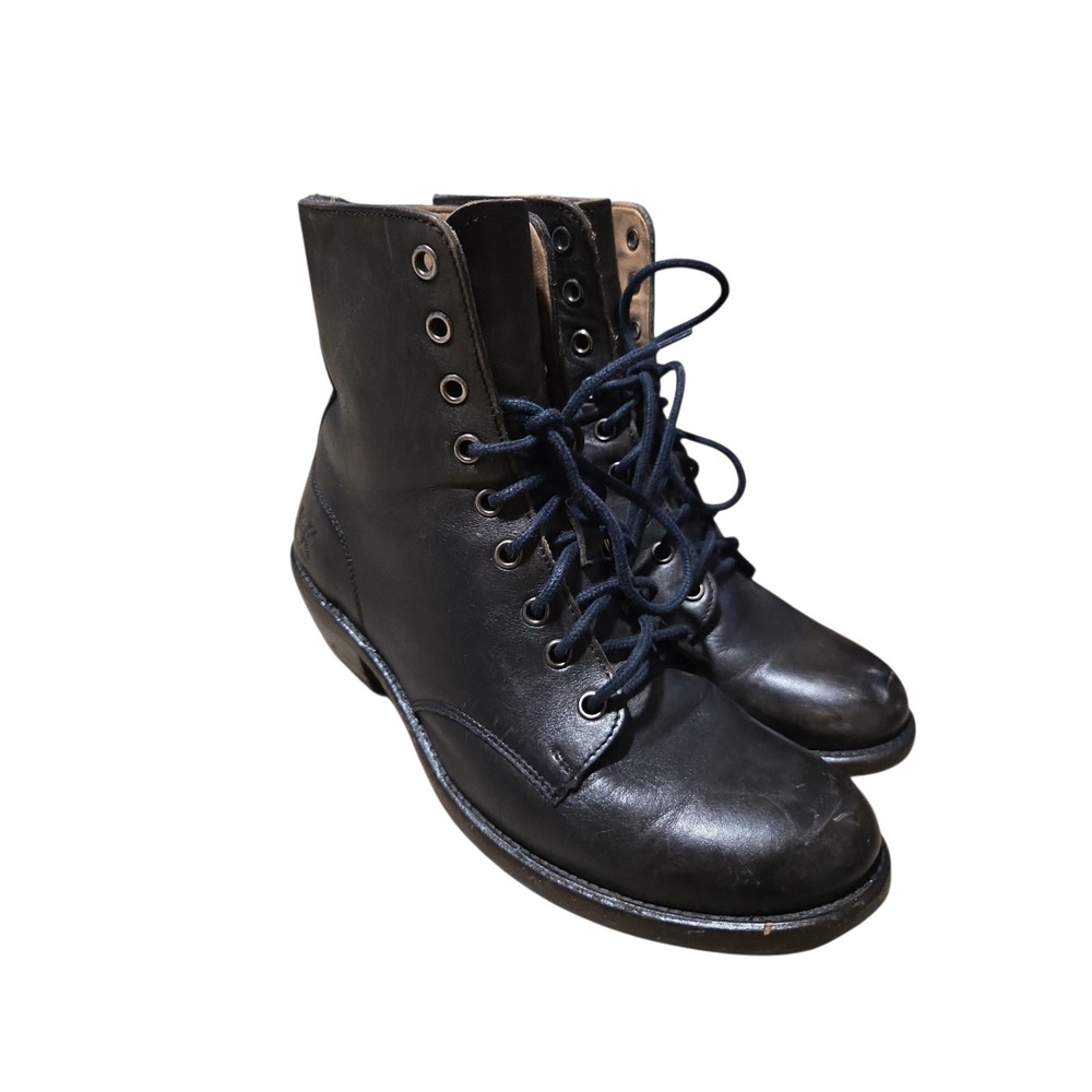 John Fluevog Karyn Black Leather Lace Up Combat Boots Block Heel 9 B 68929